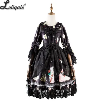 Ada ' s Gėlių ~ Vintage Spausdinti Blyksnius Rankovės Lolita Dress Stebuklinga Arbata Šalis