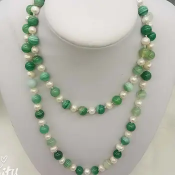LJHMY String Baltos spalvos Gėlavandenių Perlų Natūrali žalioji agato Karoliai Ilgio 30 cm
