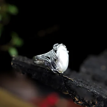 Charakterį sidabro gaminiu meistriškumo Tailando moteris su natūralių perlų žiedas S925 gryno sidabro