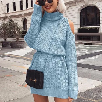 2020 naujas megztinis moterų ilgai skyriuje aukštos apykaklės off-the-pečių megztinis suknelė