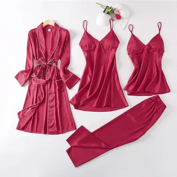 2021 Nauja Moteriška Pižama Atsitiktinis Satino 4PCS Skraiste Nustatyti Sleepwear Seksualus, Intymus apatinis Trikotažas Chalatas Kimono Suknelė Nėriniai naktiniai drabužiai