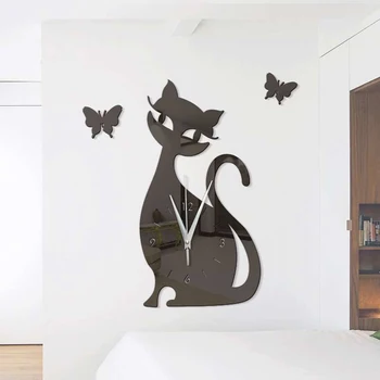 Sieninis Laikrodis Cute Kačių Drugelis Veidrodis, Sieninis Laikrodis Modernaus Dizaino Namų Dekoro Žiūrėti Siena Lipdukas