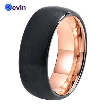 Labai populiarus dome band volframo vestuvių žiedas su juodu teptuku lauke ir rožinė aukso spalvos viduje apdaila