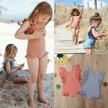 2020 m. visiškai Nauja Vaikiška Vaikams Baby Girl maudymosi Kostiumėliai, Raukiniai Rankovių Kietas Vasaros maudymosi kostiumėlį vientisi Maudymosi Plaukimo Kostiumas 1-6T