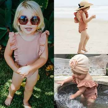 2020 m. visiškai Nauja Vaikiška Vaikams Baby Girl maudymosi Kostiumėliai, Raukiniai Rankovių Kietas Vasaros maudymosi kostiumėlį vientisi Maudymosi Plaukimo Kostiumas 1-6T