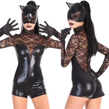 Halloween Kostiumai Suaugusių Moterų Deluxe Odos Nėriniai Seksualus Rinkinys Cosplay Cat Lady Catwoman Kostiumas Catsuit Jumpsuit Cosplay Kostiumai