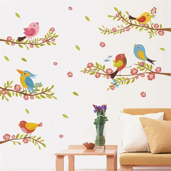 Juokingi paukščių, filialas gėlių sienos lipdukai miegamasis namų dekoro animacinių filmų gyvūnų sienų lipdukai pvc jam prilygintą išsilavinimą meno 
