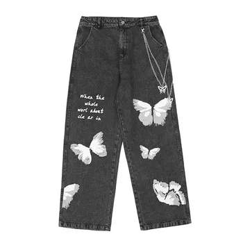 2020 Naujas Vintage Džinsai Vyrams Drugelis Spausdinti Ilgos Kelnės Harajuku Hip-hop Streetwear Džinsinio audinio Kelnės Rudenį Jean Hiphop WY183