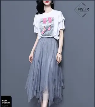 Vasaros 2019 atspausdintas T-shirt net gazas sijonas nustatyti užsienio stiliaus nėrinių sijonas sijonas, dviejų dalių