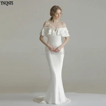 YNQNFS W12 Nekilnojamojo Vestido de Noiva Simple Undinė baltos Suknelės iš Šilko-kaip Satino Raukiniai Off Peties Šalis, Chalatai Bridesmaid