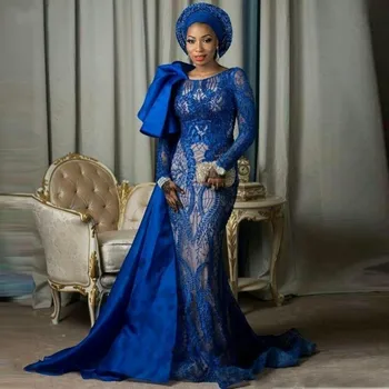 Nigerijos Moteris, Dress Blue vestido de festa longo Visą Rankovėmis Vakaro Suknelės Ilgai Nėrinių Abendkleider Vakare Gown chalatas de soiree