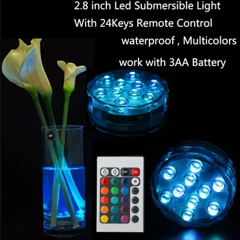 12Pieces/Aikštelė, Nemokamas Pristatymas 10 LED Povandeninis Vandeniui Vestuves RGB Šviesos+24key Nuotolinio Valdymo