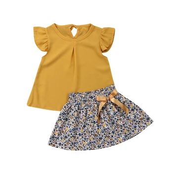 2019 Bamblys Vaikams, Kūdikių, Mergaičių Drabužiai Nustatyti Vasaros Rankovių Geltona T-shirt Viršūnes Gėlių Sijonas Kostiumas Drabužių Komplektus 2VNT