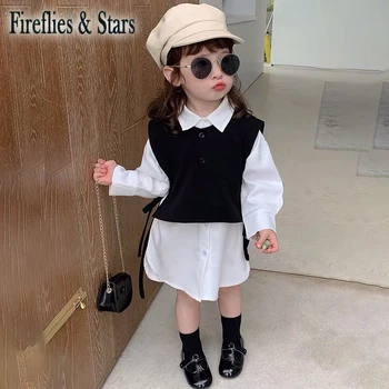 Pavasarį, Rudenį merginos 2 vnt. rinkinys baby palaidinė, suknelė + liemenė vaikams tinka vaikams drabužių mados streetwear juoda balta 2 iki 12 metų amžiaus