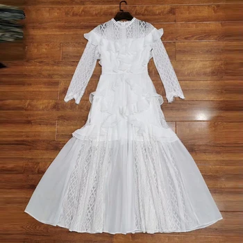 AELESEEN 2020 m. Pavasario Vasaros Maxi Suknelė Moterų Mados kilimo ir tūpimo Tako Balta Suknelė Plius Dydis Raukiniai, Nėriniai Šalies Elegantiškas Paplūdimio Suknelė Vestido