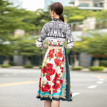 MIUXIMAO 2020 m. Rudenį Suknelė ilgomis Rankovėmis Abstrakčiai Architektūros gėlių Spausdinti Derliaus Vidurio Blauzdos Mėlyna Plisuotos Suknelė Moterims