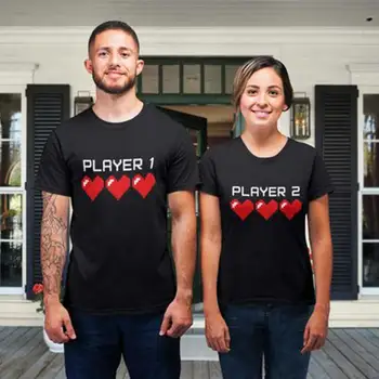 1 žaidėjas 2 Poros atitikimo marškinėliai mėgėjams vaikinas ir mergina, moterų topai spausdinti medvilnės vasaros marškinėliai meilė širdies korėjos