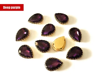 Deep purple Lašo forma viršuje, stiklo kristalų nėrinių letena strazdų,aukso bazės siūti ant akmens 