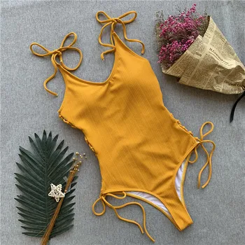 Nėrinių vientisi maudymosi kostiumėlį Aukšto juosmens geltonos spalvos maudymosi kostiumai seksualus bikini 2019 Push up moterų monokini moterų string tinka Plaukti kostiumas