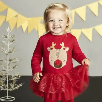 Emmababy 2020 Kalėdos Elnio Suknelė Bamblys Vaikas Baby Girl Kalėdų Ilgomis Rankovėmis Medvilnė+ Nėriniai Tutu Atsitiktinis Suknelė Šalies Drabužių