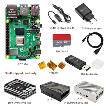 Aviečių Pi 4 B 2GB/4GB kit 3 rūšių atveju + ES energijos adapteris + jungiklis linija + 16GB / 32GB TF kortelė + USB kortelių skaitytuvas