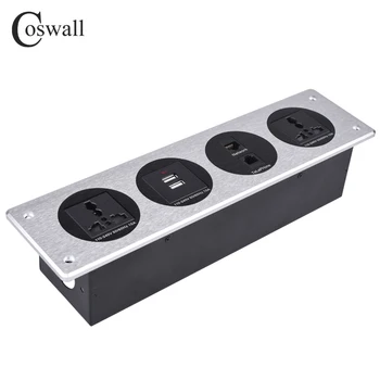 COSWALL Metalinis korpusas 2 Universalus Lizdas ES, JK, JAV, Čilė + Dual USB Įkrovimo lizdas + CAT3 telefonas Su CAT6 Interneto Lentelė Lizdas