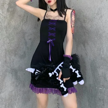 Sexy Nėrinių Gotikos Suknelė Moterų 2020 M. Helovinas Tamsiai Juoda Backless Derliaus Tvarstis Linijos Suspender Trumpos Suknelės Vasarinės