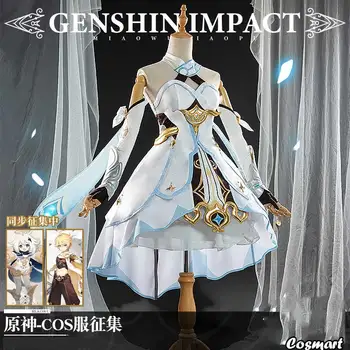 Anime Genshin Poveikio Keliautojas Lumine Baltos Spalvos Elegantiška Suknelė Puikus Vienodas Cosplay Kostiumas Helovinas Kostiumas Moterims, Apranga Nauja 2020 M.