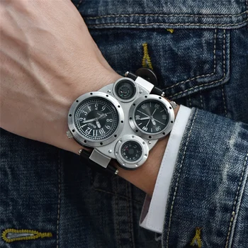 Didelis Veidas Oulm Prabangos Prekės Originalios Importuotų Kvarciniai Laikrodžiai Vyrams Unikalus Dizainas Dvejopo Laiko Žiūrėti Dekoratyvinis Kompasą, Laikrodį
