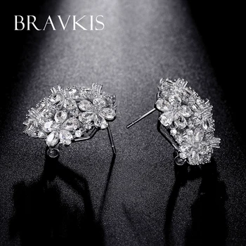 BRAVEKISS didelių kristalų sankaupos gėlių stud auskarai moterims ausų auskarų vėrimo tuščiaviduriai ausies auskarai smeigės kubinis cirkonis BUE0188B