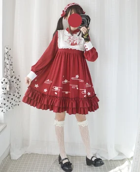 Kalėdų X Naujųjų Metų Ventiliatorius Katė Moterų Žiemos Dress & Lankelis ilgomis Rankovėmis Mandarinų Apykaklės, Šaliai, Vienas Gabalas Raudona Lolita Dress 2018