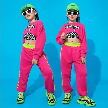 Vaikų Hip-Hop Drabužių Palaidinukė Viršuje Pasėlių Marškinėliai Pink Atsitiktinis Kelnės Girl Kostiumas Pramoginių Šokių Drabužiai Dėvėti