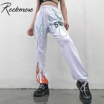 Rockmore Balta Korėjos Harajuku Kelnės Moterims Aukšto Juosmens Liepsna Spausdinti Streetwear Haremo Kelnės-Plačios Kojos Kelnės Femme Atsitiktinis Laisvas