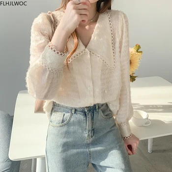 Office Lady Single-Breasted Marškinėliai Basic Nešioti Ilgomis Rankovėmis Korėjos Elegantiškos Mados Viršūnes Moterų Parduodamas Marškiniai, Palaidinės