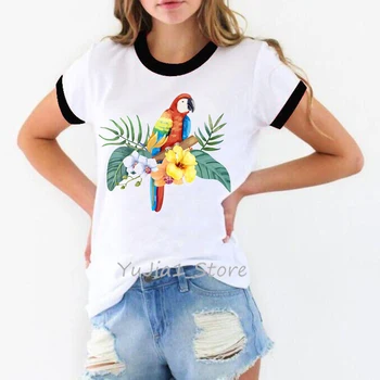 Tukanas Paukščių Kakadu su tropinių gėlių spausdinti marškinėlius moterims, vasaros, balti marškinėliai topai moterų marškinėliai harajuku kawaii drabužiai