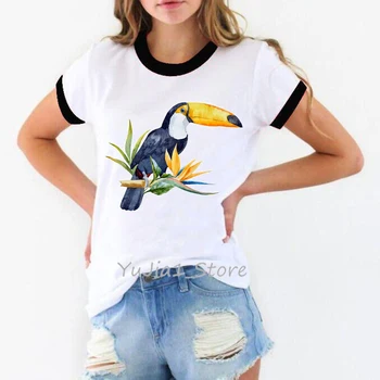 Tukanas Paukščių Kakadu su tropinių gėlių spausdinti marškinėlius moterims, vasaros, balti marškinėliai topai moterų marškinėliai harajuku kawaii drabužiai