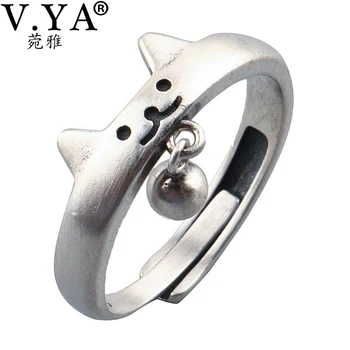 V. J. 925 Sterlingas Sidabro Žiedas Cute Kačių Dizaino Kamuolys Karoliukai Žiedai Moterims Reguliuojamo Dydžio Žiedas, Papuošalų Mados