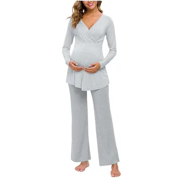 Medvilnės motinystės pižama ilgomis rankovėmis nėštumo pyjama minkštas motinystės naktiniai drabužiai slaugos viršuje+kelnės sleepwear rinkinys motinystės rinkinys