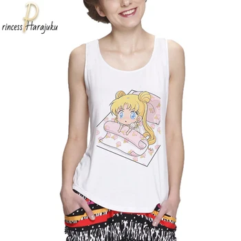 Vasarą Moterys tankų Camisole Vest Sailor Moon Spausdinti Animacinių filmų Topai Tee Moteris O-kaklo Atsitiktinis Palaidų Rankovių Seksualus Plius Dydis