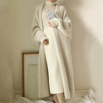 Plius Dydis Žiemos Elegantiškas Prarasti Moterų Susagstomų Megztinių Kietas Storas Šiltas Ilgas Kailis Atsitiktinis Atidaryti Dygsnio Moheros Minkštas Megztinis Outwear