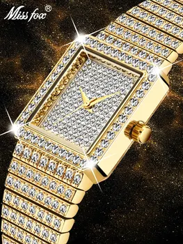 MISSFOX 18K Aukso Moterų Žiūrėti Prabangos Prekės Aikštėje Ponios Kvarciniai Laikrodžiai Hip-Hop Šalta Suknelė Iš Moterų Deimantų, Aukso Laikrodis
