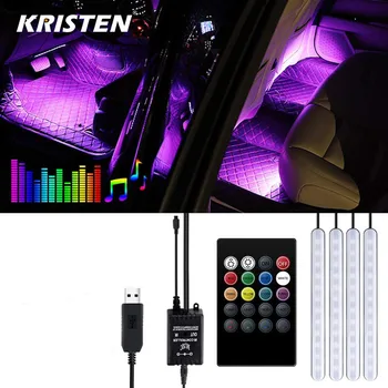 Automobilių Koja Aplinkos Šviesos Lempa Su USB Belaidžio Nuotolinio Muzikos Valdymo Keliais Režimais Automobilio Salono Dekoratyvinis LED Apšvietimas