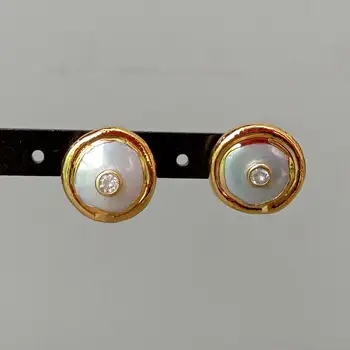 16mm Gėlavandenių Baltųjų Monetų Perlų, Aukso spalvos, Padengtą Stud Aišku, Cz Auskarai