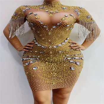 R52 Seksuali moteris pole dance tinklelio suknelė aukso cirkonio šalis nešioja kristalų matyti per sijonas ištemptas deimantų kostiumas vienas gabalas