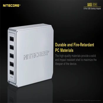 Originalus Nitecore UA55 5-Port USB Desktop Adapter 5-Aikštelės USB Adapteris 50W Didelės Spartos Vienalaikio Įkrovimo 10A maksimali Galia