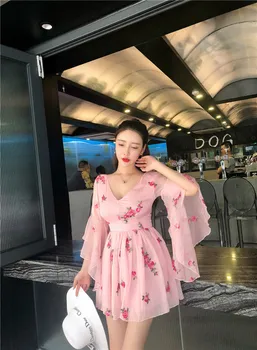 2019 m. Vasarą NAUJAS Rožinės spalvos Mini Suknelė Lieknas Moteris, Giliai V Gėlių Siuvinėjimas Saldus Susiėmę Vasaros Atostogų Suknelės Naktį Šalies Vestidos