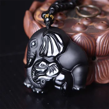Trabajo yra mano chino obsidiana negra Gamtos tallada madre bebé lindo elefante amuleto afortunado colgante apykaklės joyería