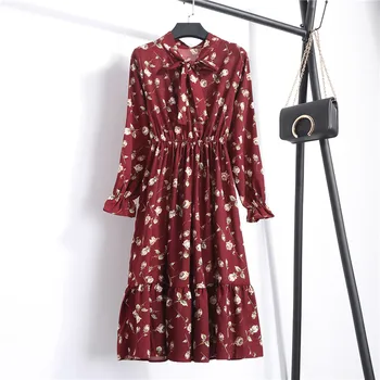 Rudens Mados Suknelė WomenPolka Dot Spausdinti Ilgą Šifono Rankovėmis Marškinėliai DressBlack Lankas Gėlių Vestidos Vintage-line 