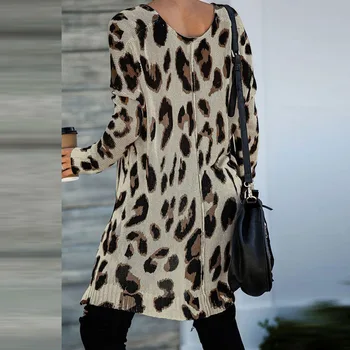 SEBOWEL Atsitiktinis Moterų ilgomis Rankovėmis Negabaritinių Tunika Megztinis Leopard 