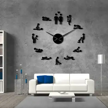 Seksualus Meno Akrilo Veidrodis Suaugusiųjų Skundą Laikrodžiai 3D Paprastas, Dekoratyvinis Lipdukas Sekso Meilės Poziciją Frameless Didelės Žiūrėti Miegamojo Sienos